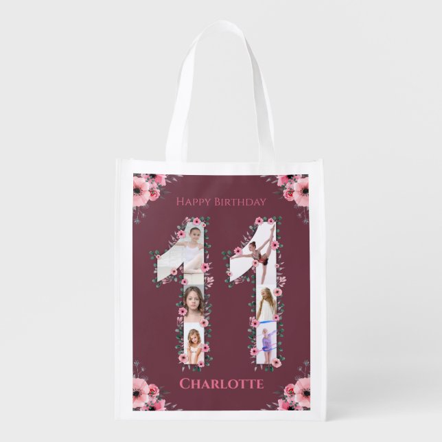 Big 11th Birthday Girl Photo Collage Pink Flower Grocery Bag (Front)