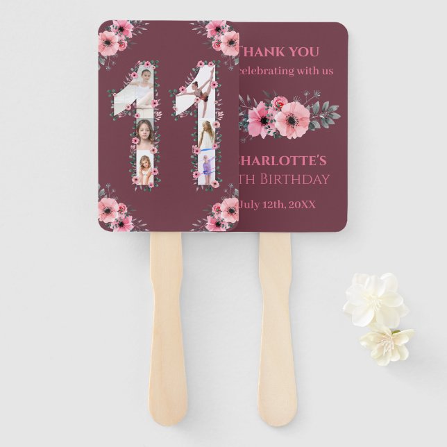 Big 11th Birthday Girl Photo Collage Pink Flower Hand Fan (Front and Back)