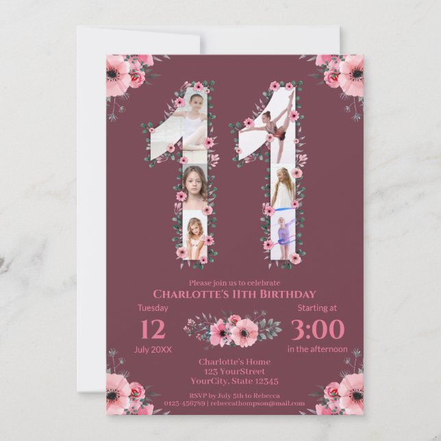 Big 11th Birthday Girl Photo Collage Pink Flower Invitation (Front)