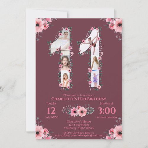 Big 11th Birthday Girl Photo Collage Pink Flower Invitation