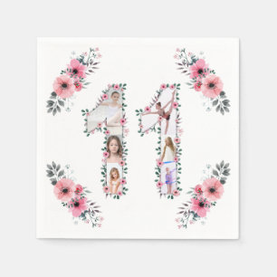 Big 11th Birthday Girl Photo Collage Pink Flower Napkins