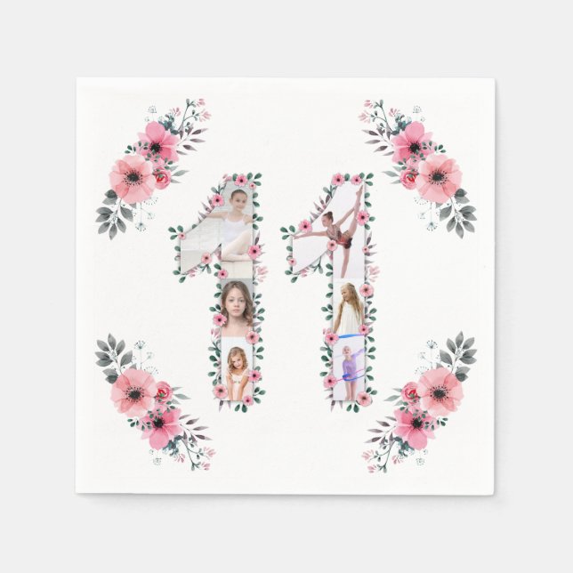 Big 11th Birthday Girl Photo Collage Pink Flower Napkins (Front)