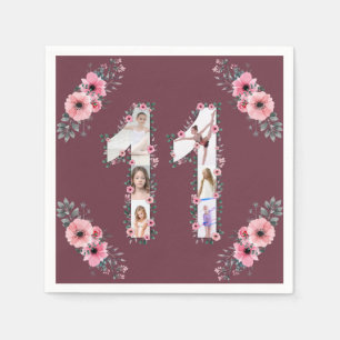 Big 11th Birthday Girl Photo Collage Pink Flower Napkins
