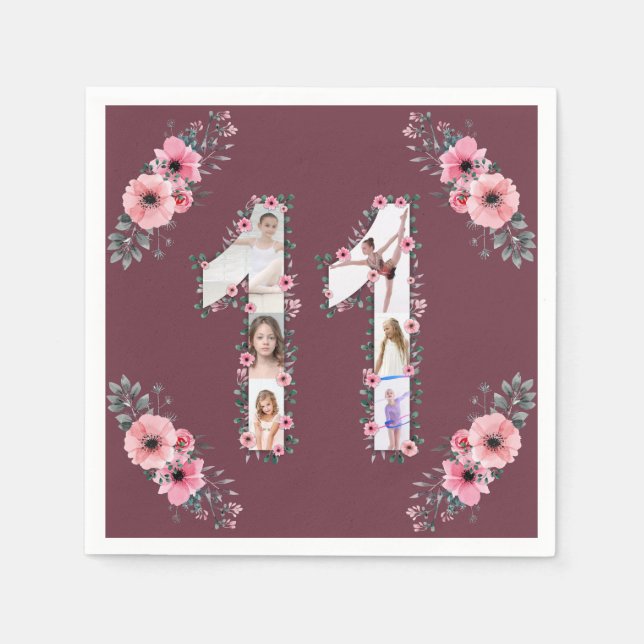 Big 11th Birthday Girl Photo Collage Pink Flower Napkins (Front)