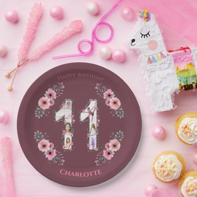 Big 11th Birthday Girl Photo Collage Pink Flower Paper Plates (Party)
