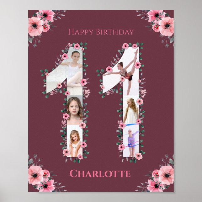 Big 11th Birthday Girl Photo Collage Pink Flower Poster (Front)
