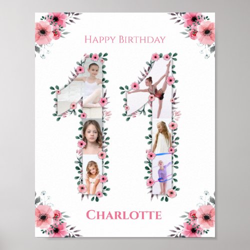 Big 11th Birthday Girl Photo Collage Pink Flower Poster