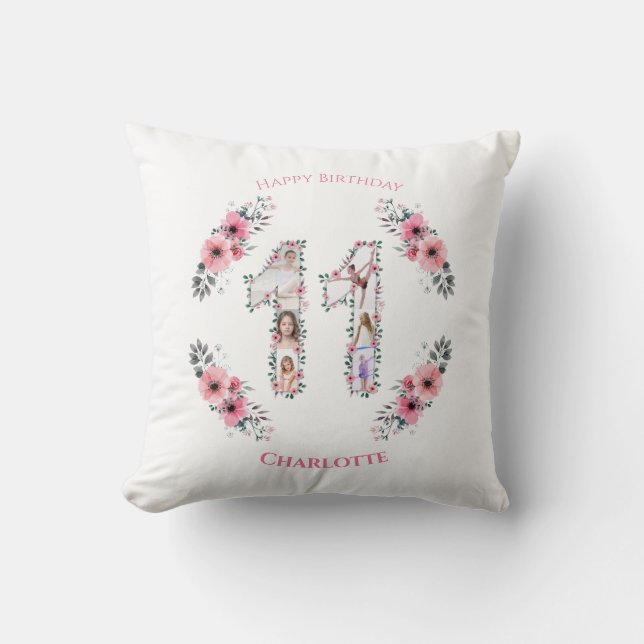 Big 11th Birthday Girl Photo Collage Pink Flower Throw Pillow (Front)