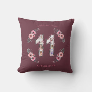 Big 11th Birthday Girl Photo Collage Pink Flower Throw Pillow
