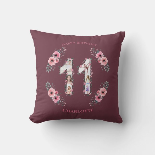 Big 11th Birthday Girl Photo Collage Pink Flower Throw Pillow (Front)
