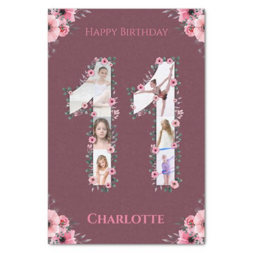 Big 11th Birthday Girl Photo Collage Pink Flower Tissue Paper