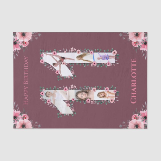 Big 11th Birthday Girl Photo Collage Pink Flower Tissue Paper (Front)
