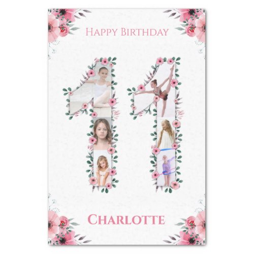 Big 11th Birthday Girl Photo Collage Pink Flower Tissue Paper