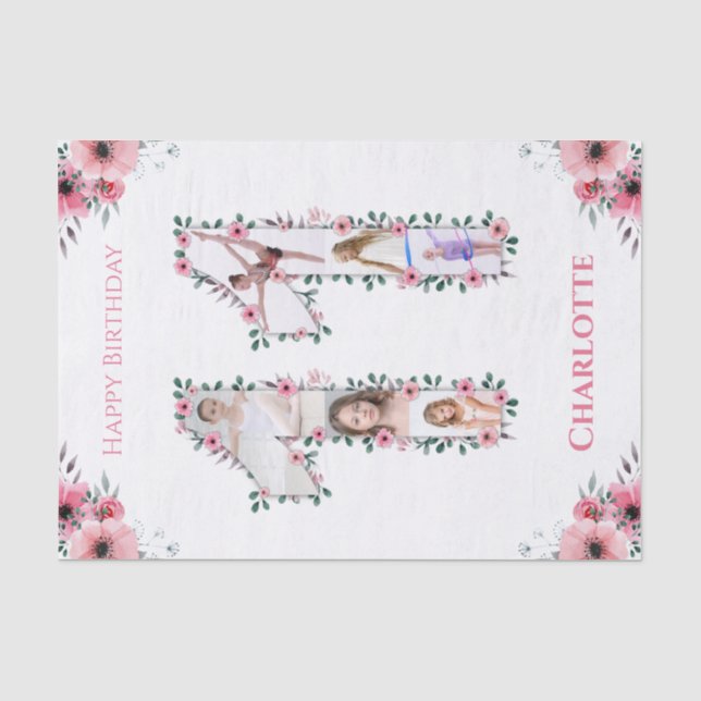 Big 11th Birthday Girl Photo Collage Pink Flower Tissue Paper (Front)