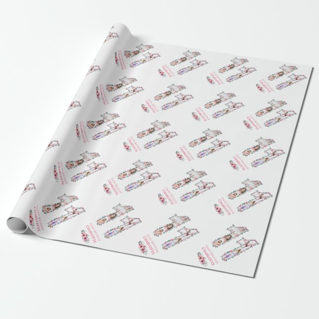 Big 11th Birthday Girl Photo Collage Pink Flower Wrapping Paper (Unrolled)