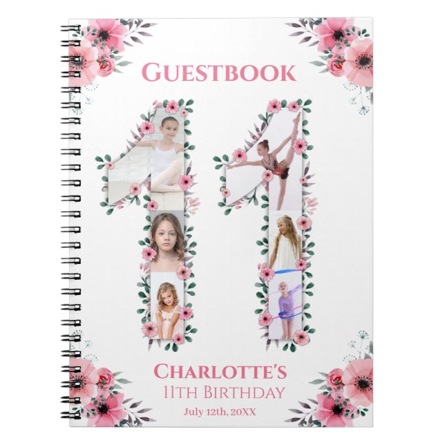 Big 11th Birthday Girl Photo Pink Flower Guestbook Notebook (Front)