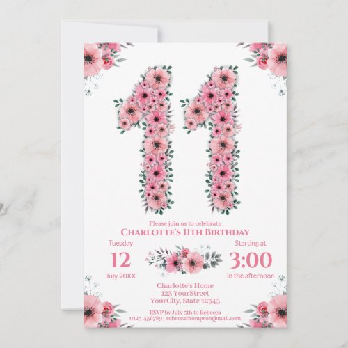 Big 11th Birthday Green Foliage Girl Pink Flowers Invitation