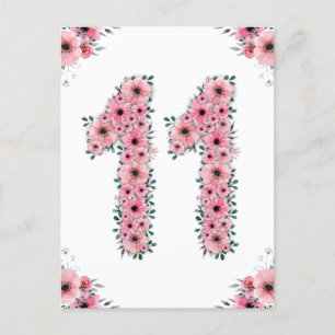 Big 11th Birthday Pink Flowers Girl Green Foliage Postcard