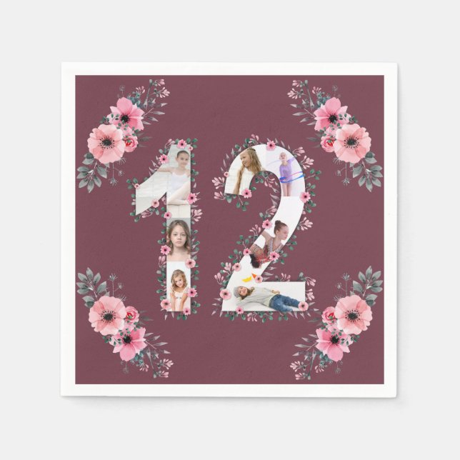 Big 12th Birthday Girl Flower Photo Collage Napkins (Front)