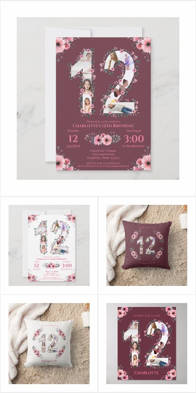 Big 12th Birthday Girl Photo Collage Pink Flower