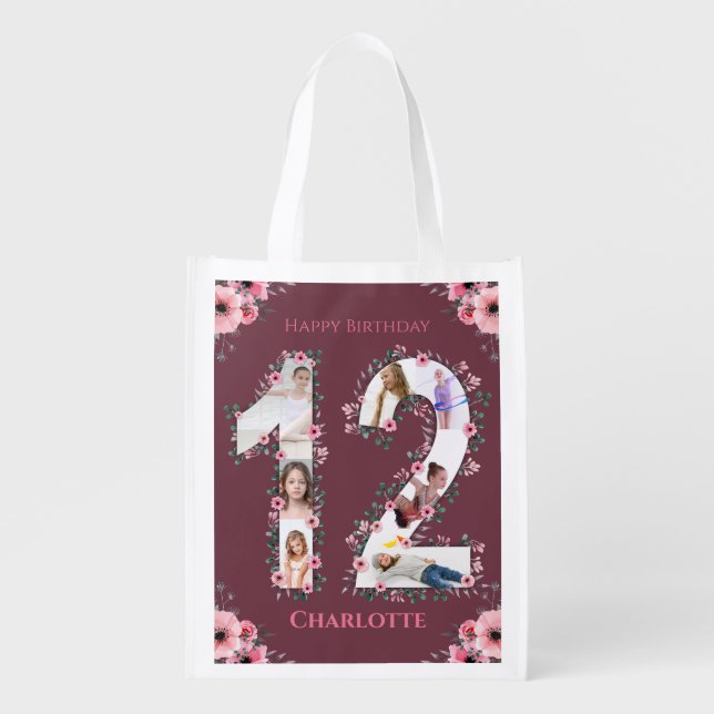 Big 12th Birthday Girl Photo Collage Pink Flower Grocery Bag (Front)