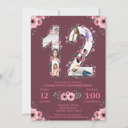 Big 12th Birthday Girl Photo Collage Pink Flower Invitation