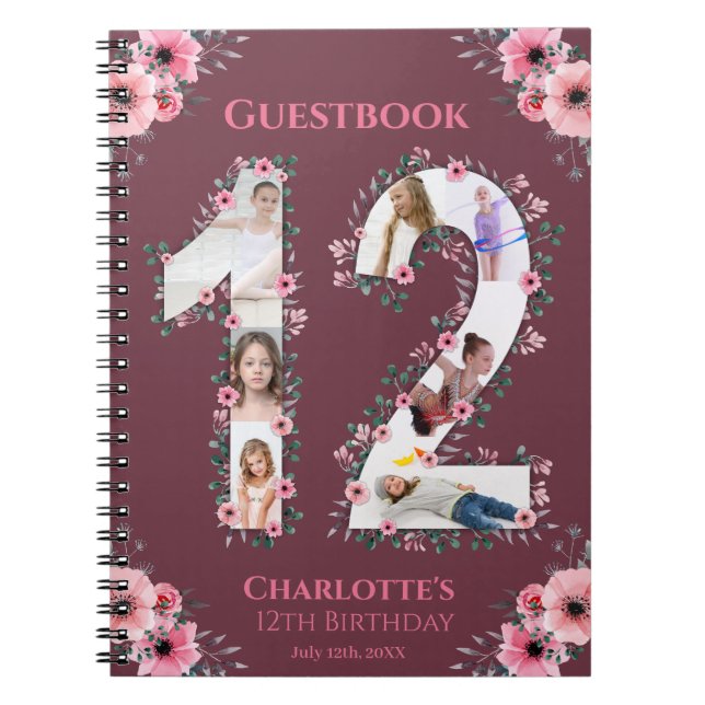 Big 12th Birthday Girl Photo Collage Pink Flower Notebook (Front)