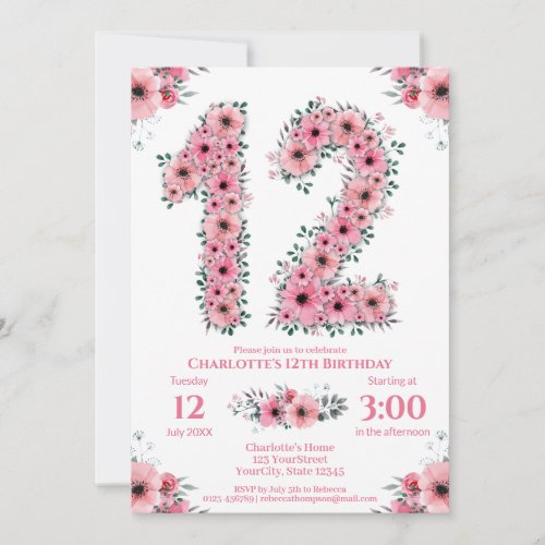 Big 12th Birthday Green Foliage Girl Pink Flowers Invitation