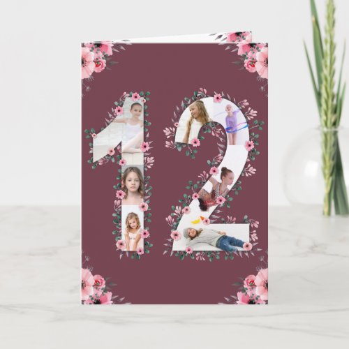 Big 12th Birthday Photo Collage Girl Pink Flower Card