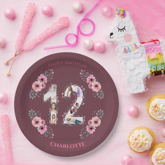 Big 12th Birthday Photo Collage Girl Pink Flower Paper Plates (Party)
