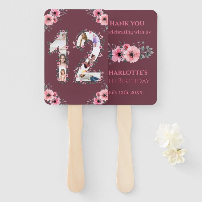 Big 12th Birthday Photo Collage Pink Girl Flower Hand Fan (Front and Back)