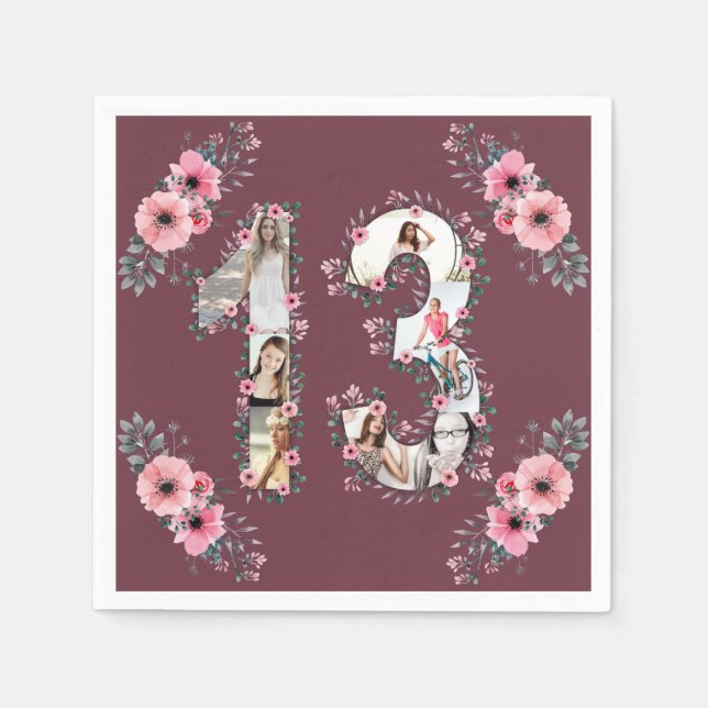 Big 13th Birthday Girl Flower Photo Collage Napkins (Front)
