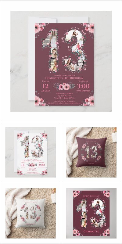 Big 13th Birthday Girl Photo Collage Pink Flower