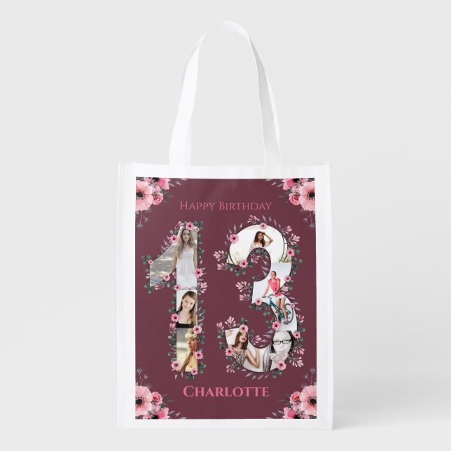 Big 13th Birthday Girl Photo Collage Pink Flower Grocery Bag (Front)