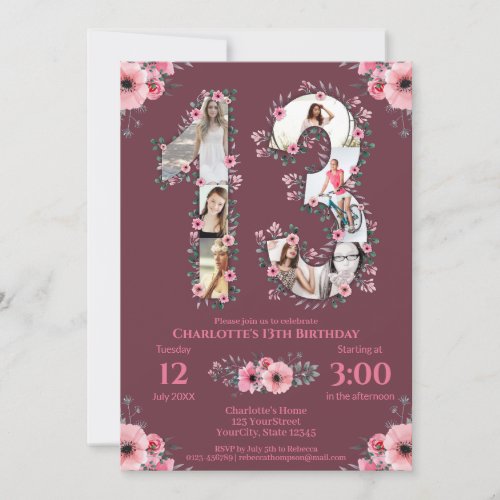 Big 13th Birthday Girl Photo Collage Pink Flower Invitation