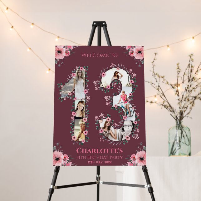 Big 13th Birthday Girl Photo Pink Flower Welcome Foam Board (In Situ (Stand))