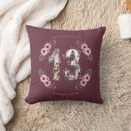 Big 13th Birthday Girl Pink Flower Photo Collage Throw Pillow