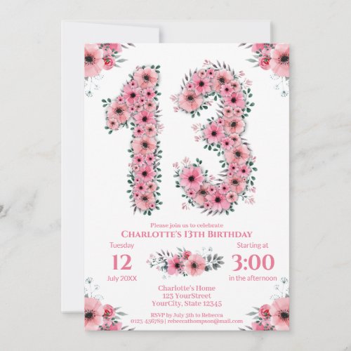 Big 13th Birthday Green Foliage Girl Pink Flowers Invitation