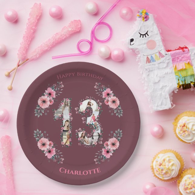 Big 13th Birthday Photo Collage Girl Pink Flower Paper Plates (Party)