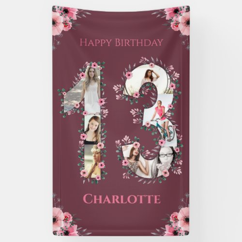 Big 13th Birthday Photo Collage Pink Flower Girl Banner