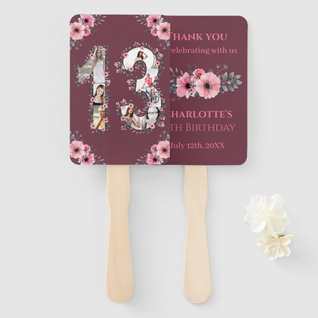 Big 13th Birthday Photo Collage Pink Girl Flower Hand Fan (Front and Back)