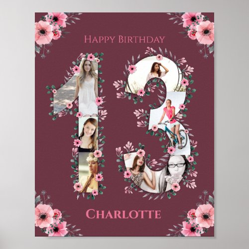 Big 13th Birthday Pink Flower Girl Photo Collage Poster