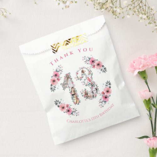 Big 13th Girl Birthday Photo Collage Pink Flower Favor Bag