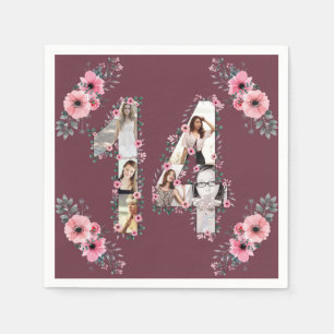 Big 14th Birthday Girl Flower Photo Collage Napkins