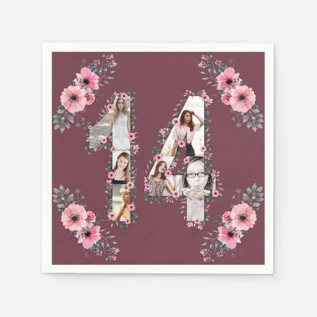 Big 14th Birthday Girl Flower Photo Collage Napkins (Front)