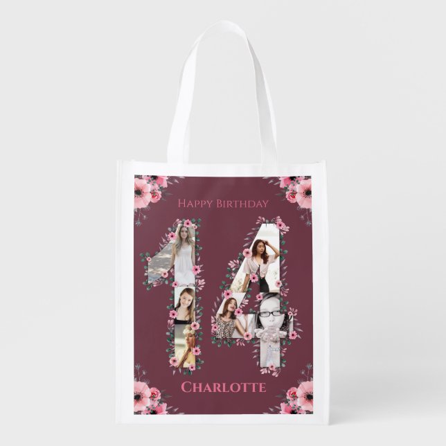 Big 14th Birthday Girl Photo Collage Pink Flower Grocery Bag (Front)