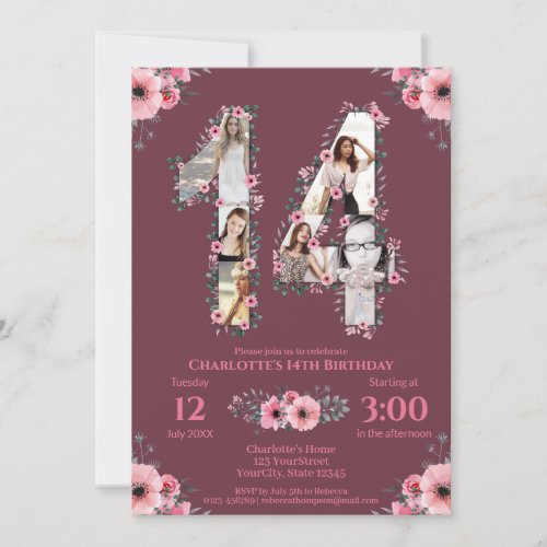 Big 14th Birthday Girl Photo Collage Pink Flower Invitation