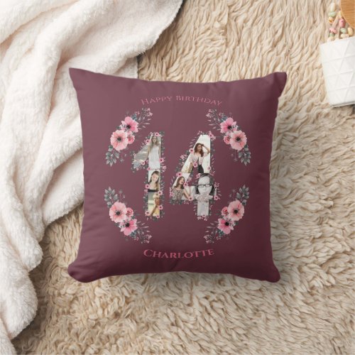 Big 14th Birthday Girl Pink Flower Photo Collage Throw Pillow