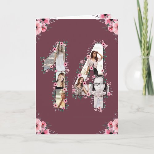 Big 14th Birthday Photo Collage Girl Pink Flower Card