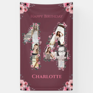 Big 14th Birthday Photo Collage Pink Flower Girl Banner
